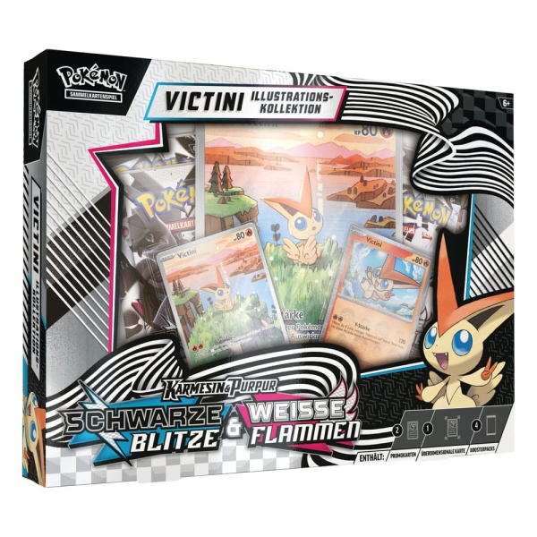 Pokemon-karten-karmesin-purpur-schwarze-blitze-weisse-flammen-victini-illustration-kollektion-deutsch